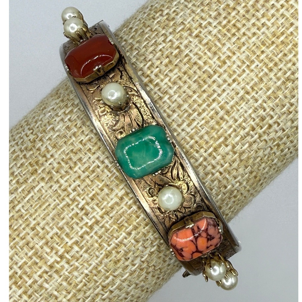 Multi Gemstone Faux Pearl Bangle Bracelet Victorian Revival Boho